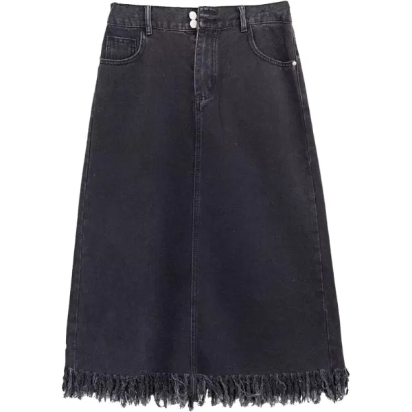 CHARTOU Women Casual Distressed Ripped Denim Jean A Line Skirt Frayed Hem Elastic Back Tassel Long Skirt