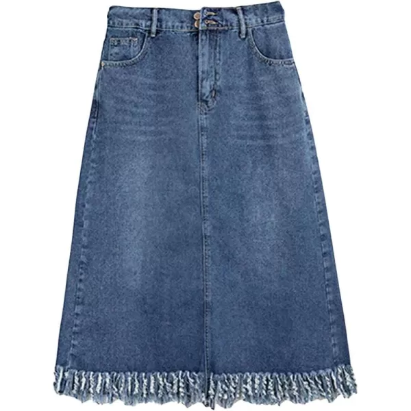 CHARTOU Women Casual Distressed Ripped Denim Jean A Line Skirt Frayed Hem Elastic Back Tassel Long Skirt