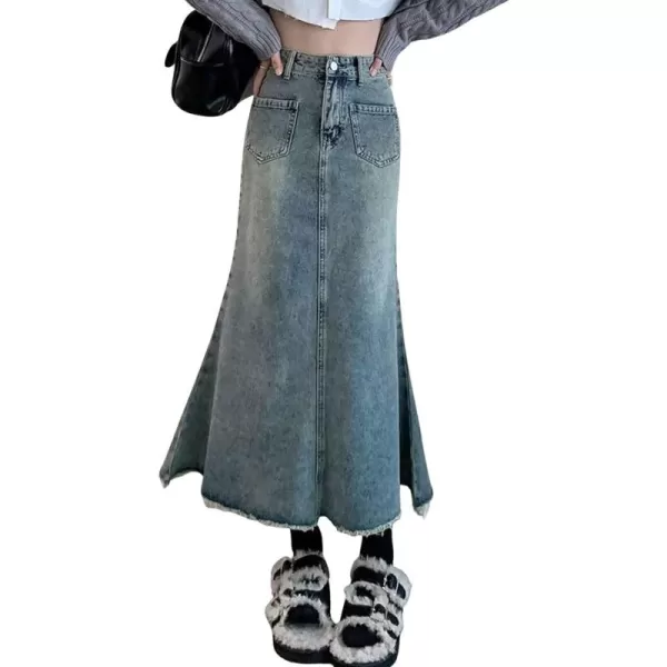 CHARTOU Women Casual Frayed Fishtail Denim Maxi Skirt Long Jean Skirt Mermaid Distressed Flared A Line Skirt