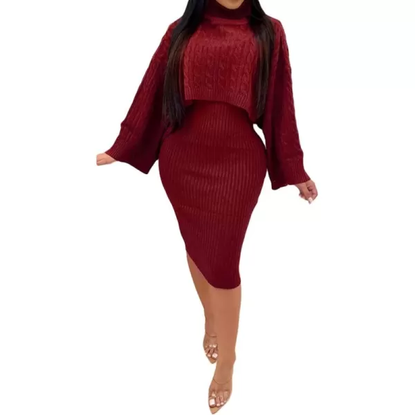 CHARTOU Women's 2 Piece Sweater Dress Sets Cable Knit Turtleneck Jumper Tank Dress Sheath Outfits