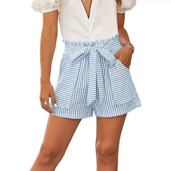 CHARTOU Women's Casual Elastic Waist Open Leg Stripe Belted Paper Bag Shorts