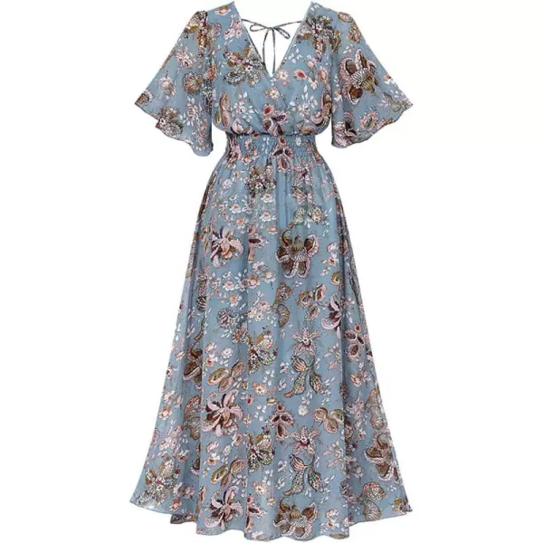 CHARTOU Women's Chiffon Elegant Vintage Floral Print Faux-Wrap V Neck Smocked A Line Pleated Swing Long Maxi Dress