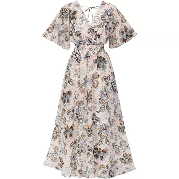 CHARTOU Women's Chiffon Elegant Vintage Floral Print Faux-Wrap V Neck Smocked A Line Pleated Swing Long Maxi Dress