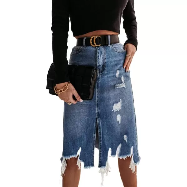 CHARTOU Women's Distressed High Waist Ripped Tassel Irregular Slit Pencil Midi Denim Skirt