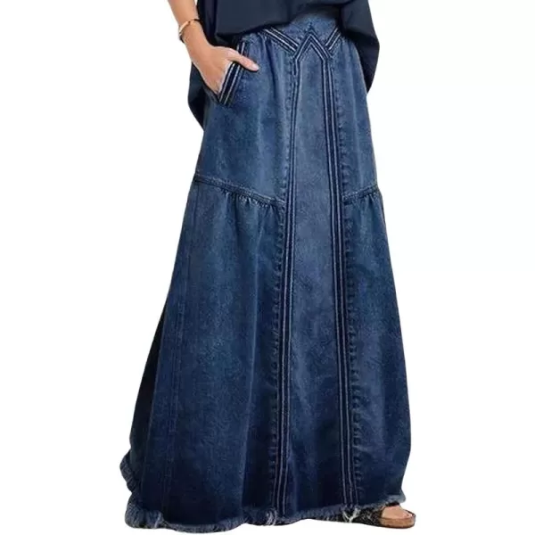 CHARTOU Women's Retro Elastic High Waist Frayed A-Line Maxi Denim Skirt with Pockets