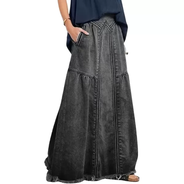 CHARTOU Women's Retro Elastic High Waist Frayed A-Line Maxi Denim Skirt with Pockets