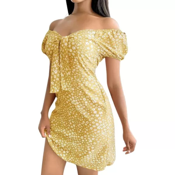 CHARTOU Women's Sexy Off Shoulder Floral Printing Short Sleeve Self-Tie Slim Fit Boho Short Dress