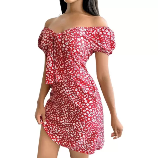 CHARTOU Women's Sexy Off Shoulder Floral Printing Short Sleeve Self-Tie Slim Fit Boho Short Dress