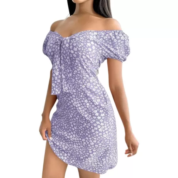 CHARTOU Women's Sexy Off Shoulder Floral Printing Short Sleeve Self-Tie Slim Fit Boho Short Dress