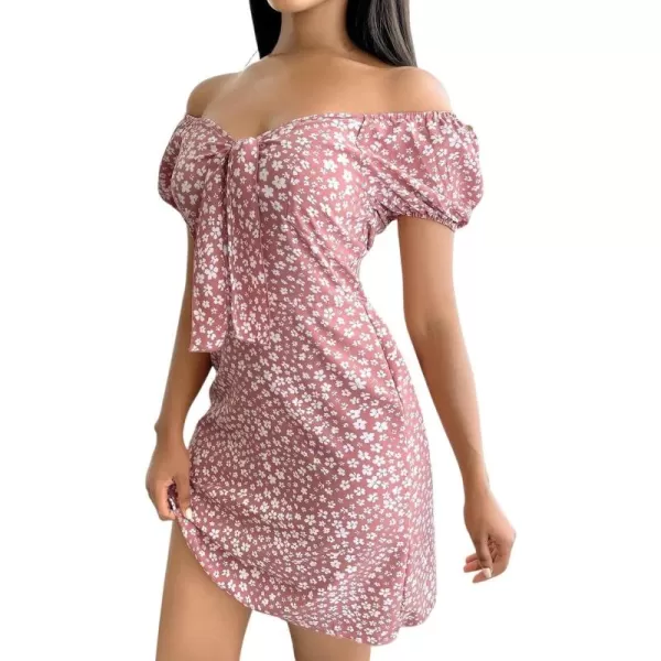 CHARTOU Women's Sexy Off Shoulder Floral Printing Short Sleeve Self-Tie Slim Fit Boho Short Dress