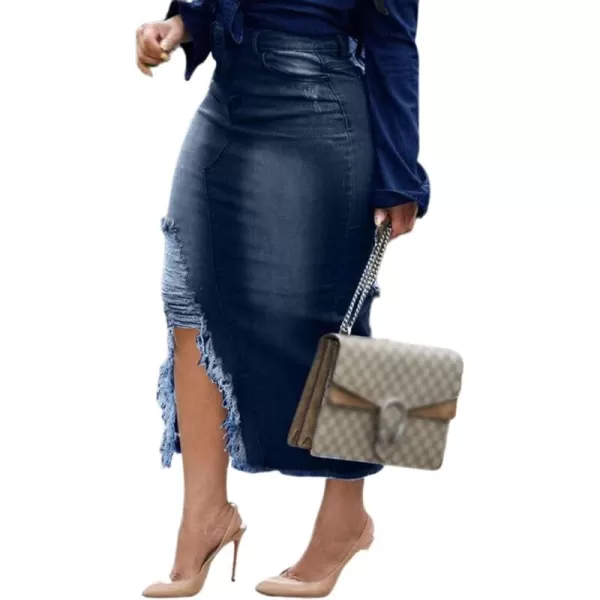 CHARTOU Women's Stylish High Waist Distressed Split Midi Long Pencil Denim Skirt