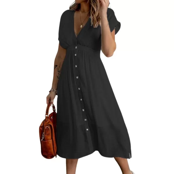 CHARTOU Women's Summer Casual V Neck Button Down Beach Long Flowy Dress Party Ruffle Dress