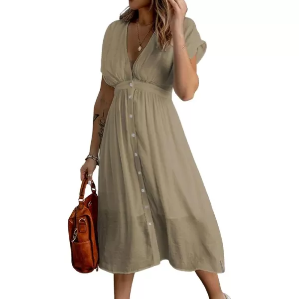 CHARTOU Women's Summer Casual V Neck Button Down Beach Long Flowy Dress Party Ruffle Dress