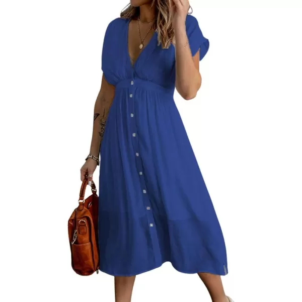 CHARTOU Women's Summer Casual V Neck Button Down Beach Long Flowy Dress Party Ruffle Dress