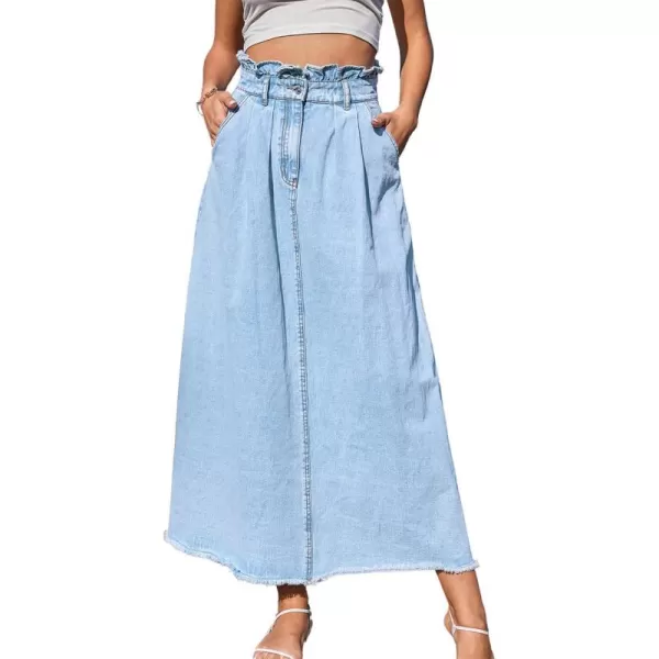 CHARTOU Women's Washed Distressed High Waist Fringed Frayed Flowy A-Line Denim Jean Long Skirt