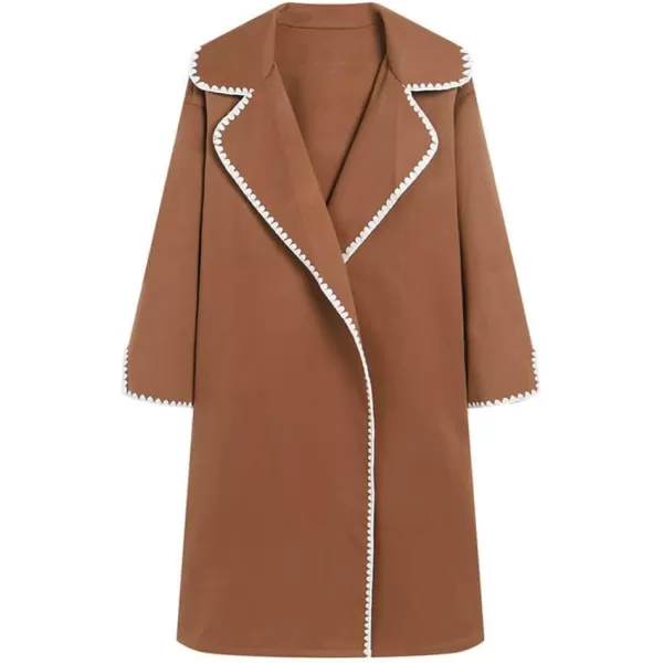 CHARTOU Womens Embroidered Wool Blend Coat Lapel Collar Open Front Overcoat Winter Trench CoatKhaki