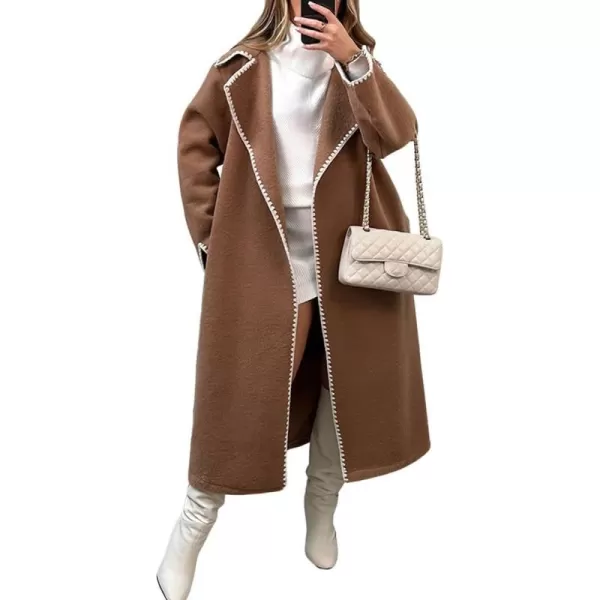 CHARTOU Womens Embroidered Wool Blend Coat Lapel Collar Open Front Overcoat Winter Trench CoatKhaki