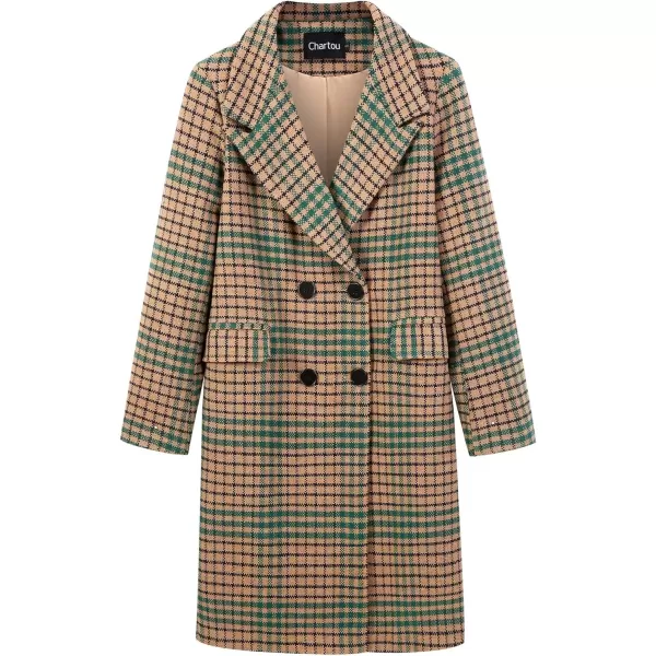 imageCHARTOU Womens Winter Oversize Lapel Collar Woolen Plaid Double Breasted Long Peacoat JacketGreen