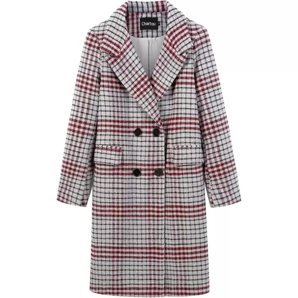 imageCHARTOU Womens Winter Oversize Lapel Collar Woolen Plaid Double Breasted Long Peacoat JacketGrey