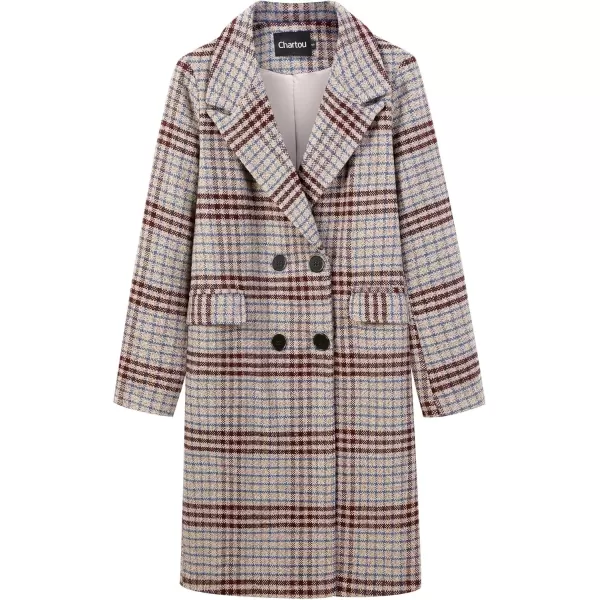 imageCHARTOU Womens Winter Oversize Lapel Collar Woolen Plaid Double Breasted Long Peacoat JacketKhaki