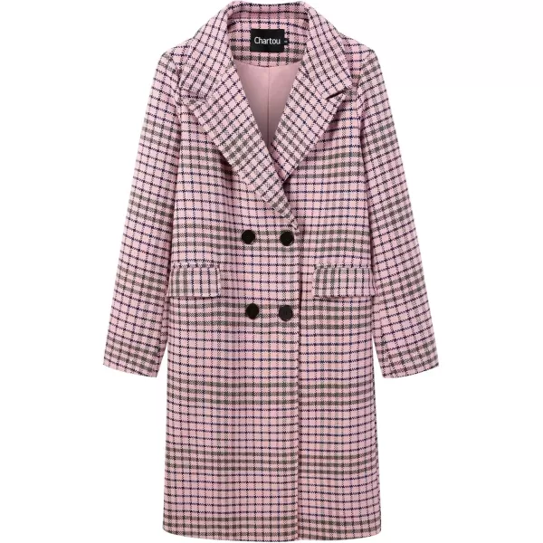 imageCHARTOU Womens Winter Oversize Lapel Collar Woolen Plaid Double Breasted Long Peacoat JacketPink