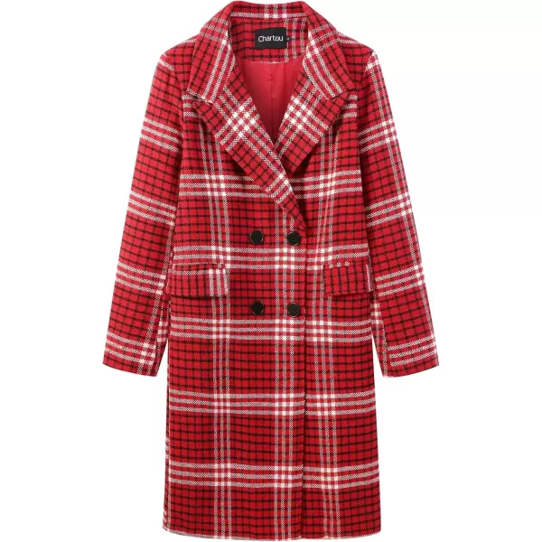 imageCHARTOU Womens Winter Oversize Lapel Collar Woolen Plaid Double Breasted Long Peacoat JacketRed
