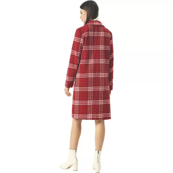 imageCHARTOU Womens Winter Oversize Lapel Collar Woolen Plaid Double Breasted Long Peacoat JacketRed