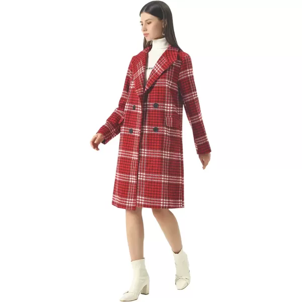imageCHARTOU Womens Winter Oversize Lapel Collar Woolen Plaid Double Breasted Long Peacoat JacketRed