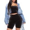 imageCHARTOU Womens Dressy Button Down Fringed Back Knotted Cropped Denim JacketBlue
