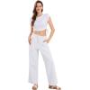 imageCHARTOU Womens Summer Drawstring Waist Wide Leg Loose Cotton Linen Palazzo PantsWhite