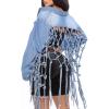 imageCHARTOU Womens Dressy Button Down Fringed Back Knotted Cropped Denim JacketBlue