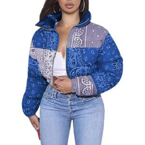 imageCHARTOU Womens Cute Stand Collar Paisley Quilted Puffer Crop Down Alternative Jacket CoatBlue