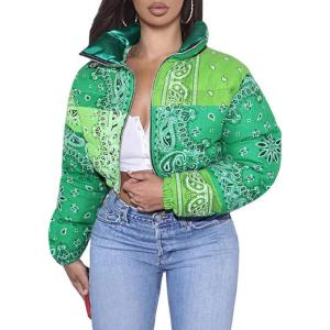 imageCHARTOU Womens Cute Stand Collar Paisley Quilted Puffer Crop Down Alternative Jacket CoatGreen