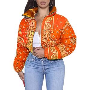 imageCHARTOU Womens Cute Stand Collar Paisley Quilted Puffer Crop Down Alternative Jacket CoatOrange