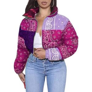 imageCHARTOU Womens Cute Stand Collar Paisley Quilted Puffer Crop Down Alternative Jacket CoatPurple