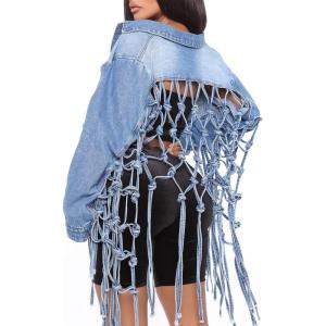 imageCHARTOU Womens Dressy Button Down Fringed Back Knotted Cropped Denim JacketBlue