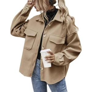 imageCHARTOU Womens Loose Turn Down Lapel Single Breasted Short Pea Coat JacketKhaki
