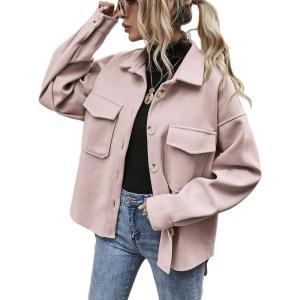 imageCHARTOU Womens Loose Turn Down Lapel Single Breasted Short Pea Coat JacketPink