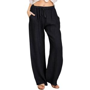 imageCHARTOU Womens Summer Drawstring Waist Wide Leg Loose Cotton Linen Palazzo PantsBlack