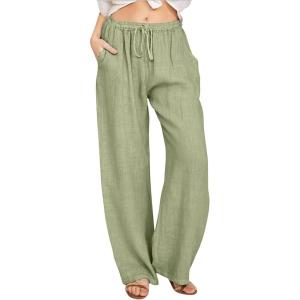 imageCHARTOU Womens Summer Drawstring Waist Wide Leg Loose Cotton Linen Palazzo PantsGreen