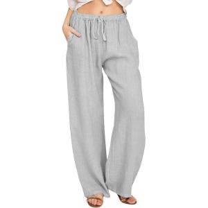 imageCHARTOU Womens Summer Drawstring Waist Wide Leg Loose Cotton Linen Palazzo PantsGrey