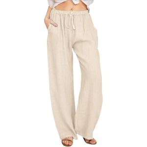 imageCHARTOU Womens Summer Drawstring Waist Wide Leg Loose Cotton Linen Palazzo PantsKhaki