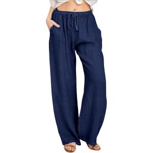 imageCHARTOU Womens Summer Drawstring Waist Wide Leg Loose Cotton Linen Palazzo PantsNavy