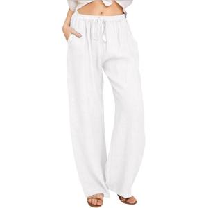 imageCHARTOU Womens Summer Drawstring Waist Wide Leg Loose Cotton Linen Palazzo PantsWhite