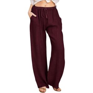 imageCHARTOU Womens Summer Drawstring Waist Wide Leg Loose Cotton Linen Palazzo PantsWine Red