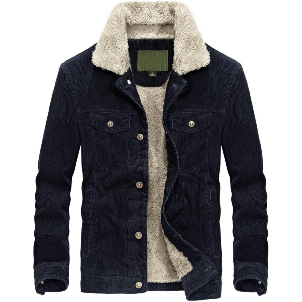 imageCHARTOU Mens Vintage ButtonFront Slim Fit Corduroy Denim JacketNavybluefleece