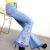 imageCHARTOU Womens Chic Floral Embroidered HighRise Bell Bottom Flare Jeans Broad Feet Long Denim PantsBlue