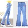 imageCHARTOU Womens Chic Floral Embroidered HighRise Bell Bottom Flare Jeans Broad Feet Long Denim PantsBlue