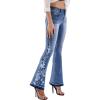 imageCHARTOU Womens Chic Floral Embroidered HighRise Bell Bottom Flare Jeans Broad Feet Long Denim PantsBlue5