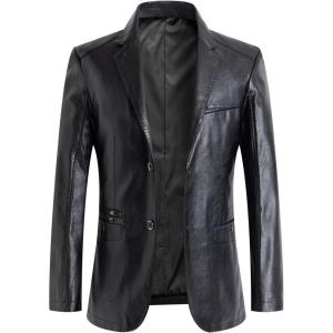 imageCHARTOU Mens Regular Fit Button Down Lined Business Lambskin Leather Jacket Blazer with PocketsBlack